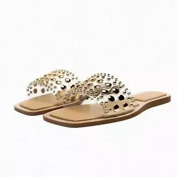 Мода 2024 Лето Женская Обувь ПВХ Прозрачные Заклепки Повседневные Плоские Открытые Носки Пляжные Шлепанцы Трендовый Бренд Дизайн Большие Размеры Женские Тапочки 36 бежевый