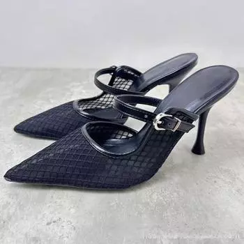 мода 2024 Лето Женские Босоножки На Высоком Каблуке Черные Сексуальные Сетчатые Элегантные Заостренные Носки Босоножки Брендовые Дизайнерские Повседневные Женские Мюли Туфли 36 чёрный