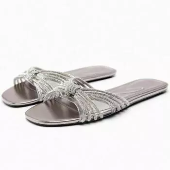 Мода 2024 Лето Женские Плоские Тапочки Роскошные Серебряные Украшения Бриллиантовый Узел Уличная Пляжная Обувь Для Женщин Открытый Носок Бренд Дизайн Шлепанцы 36 серебряный