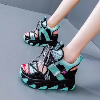 мода 2024 Лето Женские Сандалии 9 СМ На Массивной Платформе Дизайнеры Новые Брендовые Пляжные Туфли Повседневные Женские Босоножки На Шнуровке Модные Женские Сандалии 34 зелёный