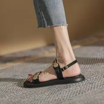 мода 2024 Лето Женские Сандалии Плоские Босоножки Кожаные Повседневные Туфли С Пряжкой Ремешок Металл Декор Простые Сандалии Пляжные Сандалии Для Отдыха 34 чёрный