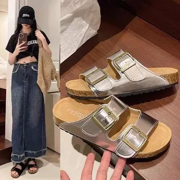 мода 2024 Лето Женские Тапочки Пробка Две Пряжки Коровья Замша Кожаные Плоские Сандалии Для Женщин Ретро Мода Садовые Мюли Клог Слайды 35 белый