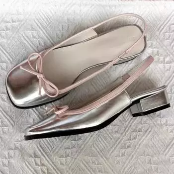 Мода 2024 Лето Женские Туфли-лодочки Серебряные Туфли-лодочки С Квадратным Носком Туфли-лодочки Для Женщин Балетки Удобные Женские Сандалии С Бантом 35 чёрный