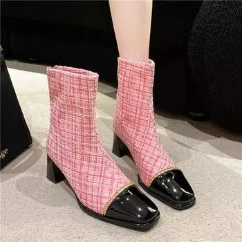 мода 2024 Модная обувь для женщин Женские сапоги на молнии Осенние квадратные носки Цепочка Разноцветные Модные сапоги со средней трубкой и толстым каблуком 35 покинуть белый