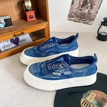 мода 2024 Модная обувь Женская One Kick Женская вулканизированная обувь Осенняя джинсовая однотонная платформа Повседневная удобная офисная женская обувь 35 чёрный