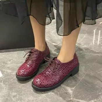 мода 2024 Модные женские туфли-лодочки на среднем каблуке с круглым носком на шнуровке Весна Осень Комфорт Повседневная женская обувь 35 чёрный