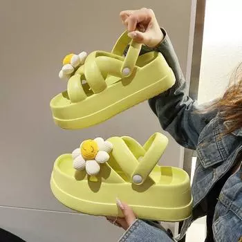 МОДА 2024, новая летняя модная пляжная женская обувь на платформе, уличные удобные нескользящие римские сандалии, милые женские сандалии с цветочным принтом 37 чёрный