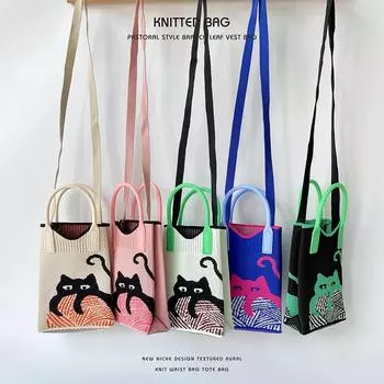 МОДА 2024 Новая мини-сумка через плечо Сумка для мобильного телефона Милый кот Вязаная сумка Маленький портативный кошелек для монет Женские сумки оптом