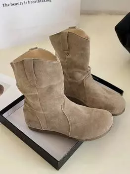 Мода 2024 Новая Мода Плиссированные Сапоги Искусственная Замша Зимние Женские Слипоны Квадратный Низкий Каблук 35 бежевый