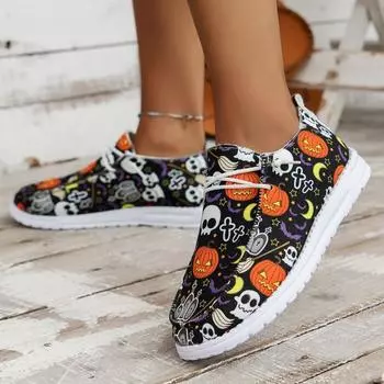 Мода 2024 Новая обувь Женская обувь в стиле тыквы на шнуровке Низкая обувь без застежек на плоской подошве Удобная легкая обувь для отдыха на Хэллоуин 36 чёрный