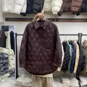 МОДА 2024 новая женская одежда 90-down короткий пух корейская версия ромбовидный воротник темперамент универсальный белый утиный пух Одежда S хаки