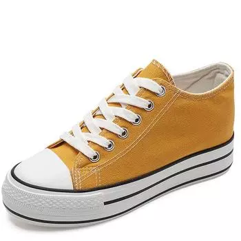 Мода 2024 Новое поступление Женские туфли на танкетке с каблуком 6 см, парусиновые туфли на открытом воздухе, белые, черные, модные кроссовки на танкетке для девочек 34 белый