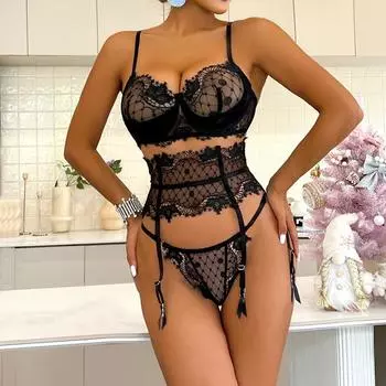 МОДА 2024 Новое женское сексуальное прозрачное кружевное сращивание корректирующее тело эротическое нижнее белье комплект из трех предметов L