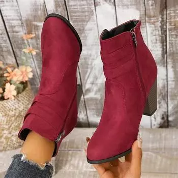 Мода 2024 Новые Ботильоны Женские Модные Ботинки Остроконечные Молнии Высокие Каблуки Модная Зимняя Обувь Дизайнер 35 вино красного