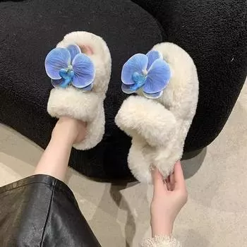 Мода 2024 Новые домашние женские тапочки для женщин осень-зима хлопчатобумажные теплые плюшевые нескользящие пушистые туфли с вышивкой большого размера 35 синий