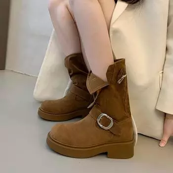 Мода 2024 Новые ковбойские сапоги для женщин Осень Зима Ретро Толстые каблуки Средней длины Однотонные сапоги Современная женская обувь Botas Mujer 35 чёрный