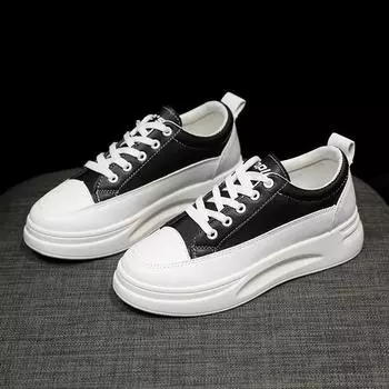 Мода 2024 Новые кроссовки для женщин Весна / Осень Новые модные повседневные дышащие студенческие кроссовки на шнуровке на толстой подошве белые туфли 35 чёрный