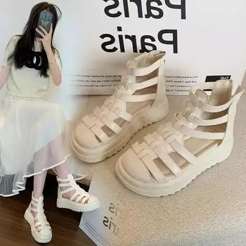 мода 2024 новые летние сандалии женские с круглым носком с открытым носком плоские римские ретро-сандалии женская пляжная обувь женские дизайнерские сандалии 35 чёрный