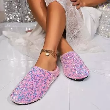 мода 2024 новые летние женские мюли с пайетками модные туфли на плоской подошве 36 розовый