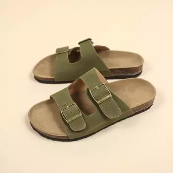 Мода 2024 Новые летние женские пробковые тапочки повседневные пляжные с двойной пряжкой нескользящие наружные шлепанцы из нубуковой кожи для женщин 35 темно-зеленого