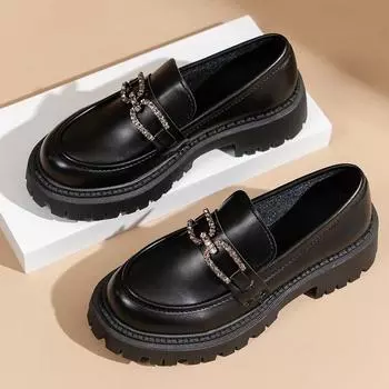 Мода 2024 Новые Лоферы Женская Обувь Модные Туфли Мэри Джейн с круглым носком на плоской подошве Лоферы Оксфорды Платформа Повседневная Металлическая Цепочка Пряжка Женские Каблуки 35 чёрный