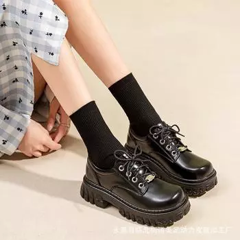 Мода 2024 Новые маленькие кожаные туфли женские Гномы академический стиль толстая подошва одинарные туфли Matsuke обувь 34 чёрный