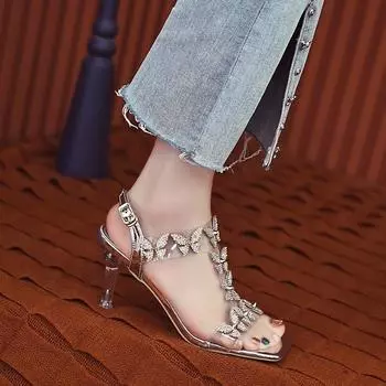 Мода 2024 Новые милые босоножки женские вечерние туфли на тонком высоком каблуке женские летние туфли с пряжкой-бабочкой и ремешком 34 шампанского