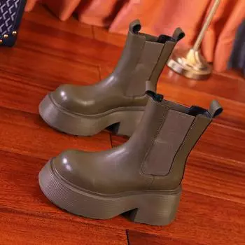 Мода 2024 Новые осенне-зимние сапоги для женщин Нескользящие однотонные женские ботильоны для улицы Кожаные износостойкие сапоги 34 чёрный