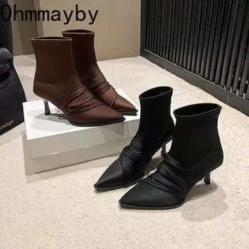 мода 2024 Новые осенне-зимние женские ботильоны Модные туфли без застежек на тонком высоком каблуке Женские короткие ботильоны Morder 35 кофейный
