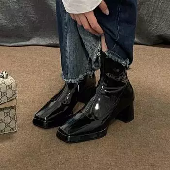 Мода 2024 Новые осенние женские модные и удобные теплые хлопковые сапоги с квадратным носком 35 чёрный