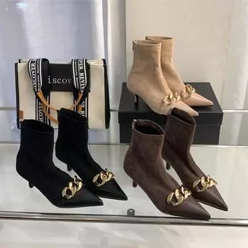 Мода 2024 Новые поступления Женские ботильоны Chelsea Botas Тонкие средние каблуки Металлическая цепочка Размер 35-40 Осень Зима Носки Botas Размер 35-40 225 бежевый