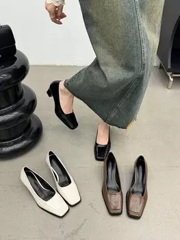 Мода 2024 Новые поступления Женские туфли-лодочки с квадратным носком Осень-Весна Туфли-лодочки Женские туфли с квадратным носком на высоком каблуке Коричневые Белые Черные Модные туфли-лодочки 35-39 5.5 чёрный