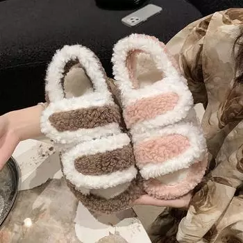Мода 2024 Новые повседневные пушистые тапочки Женские домашние туфли на плоской подошве Дизайнерская зимняя обувь для девочек Модные шлепанцы на платформе Домашняя теплая обувь 36-37 чёрный