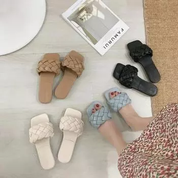 Мода 2024 Новые тапочки для женщин Летняя повседневная одежда Квадратный носок Модные тапочки знаменитостей из Интернета 35 чёрный