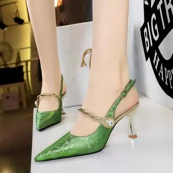 Мода 2024 Новые туфли-лодочки с металлическим высоким каблуком, острым носком, вырезом на щиколотке, одним ремешком и жемчужной спинкой 34 шампанского
