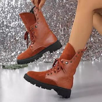 Мода 2024 Новые заклепки украшения на шнуровке до середины голени женские замшевые кожаные пэчворк вестерн ковбойские сапоги модные высокие ботфорты 35 чёрный