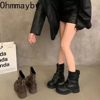 Мода 2024 Новые женские ковбойские сапоги в стиле вестерн Модные короткие сапоги без застежек Осень-зима Толстый каблук Женская обувь 35 хаки