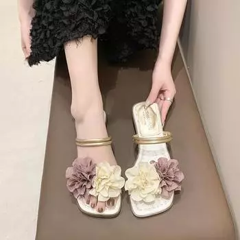 мода 2024 Новые женские летние сандалии на плоской подошве с цветочным принтом Женские тапочки Женская женская мода 35 бежевый