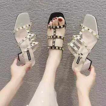 Мода 2024 Новые женские летние тапочки Шлепанцы Модные туфли на квадратном носке Laies Heel Mules Сексуальные квадратные туфли на высоком каблуке Женские тапочки Zapato Mujer 34 бежевый