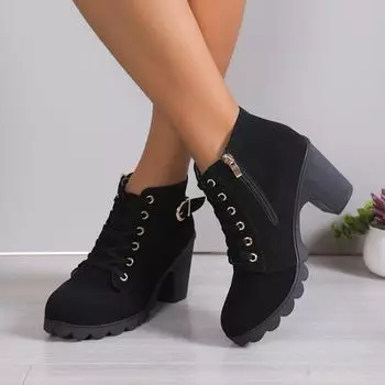 Мода 2024 Новые женские сапоги Осенние и зимние женские туфли на высоком каблуке Высококачественные женские сапоги со шнуровкой Модные женские 35 чёрный