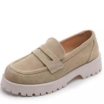 Мода 2024 Новые женские туфли-лоферы из замши из натуральной кожи в британском стиле, женские весенние туфли с толстой подошвой, большие размеры, женская обувь 34 бежевый