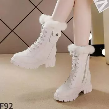 Мода 2024 Новые зимние ботинки Женские нескользящие верхние ботинки Женская обувь Внутренняя толстая подошва плюшевые хлопковые ботинки Ботинки со шнуровкой и средним рукавом 35 бежевый