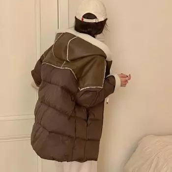 МОДА 2024 новый короткий пуховик женский из искусственной кожи сращивание модный с капюшоном из овечьей шерсти свободный теплый зимний прилив Одежда One size