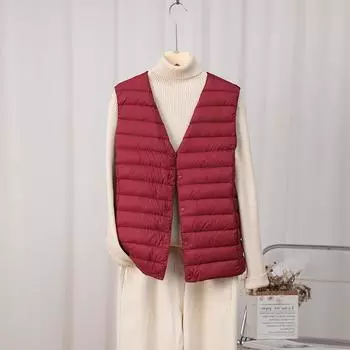 МОДА 2024 новый круглый вырез легкий пуховый жилет женская одежда V-образный вырез короткий жилет большой размер жилет куртка Одежда S