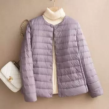 МОДА 2024 Новый легкий и тонкий пуховик женский круглый вырез теплая подкладка большой размер легкий тонкий V-образный вырез куртка одежда M чёрный