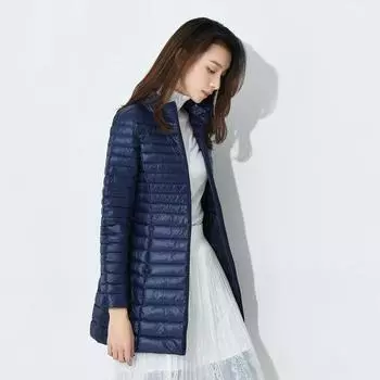 МОДА 2024 новый легкий и тонкий пуховик женский средний и длинный воротник-стойка куртка большой размер одежда Одежда M хаки