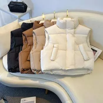 МОДА 2024 Новый осенне-зимний короткий женский хлопковый жилет с воротником-стойкой, маленький модный свободный повседневный жилет, одежда M чёрный