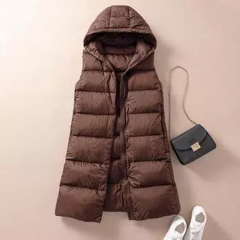 МОДА 2024 Новый пуховый жилет женский утолщенный средний и длинный до колена с капюшоном пуховый жилет приталенный модный пиджак одежда M хаки