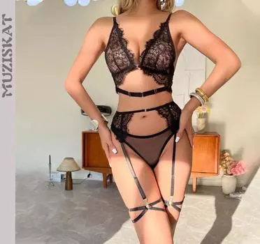 Мода 2024 Новый Сексуальный Кружевной Ресницы Без Стального Кольца Бюстгальтер Эротическое Нижнее Белье Подвязки Комплект M