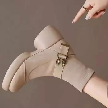 Мода 2024 Новый стиль женские эластичные сапоги сетчатые красные популярные винтажные короткие сапоги с толстой подошвой на толстой шнуровке 34 бежевый